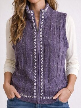 Woolrich Plum Knit Sweater Vest Womens M Zip Up Wool Blend Textured Cozy